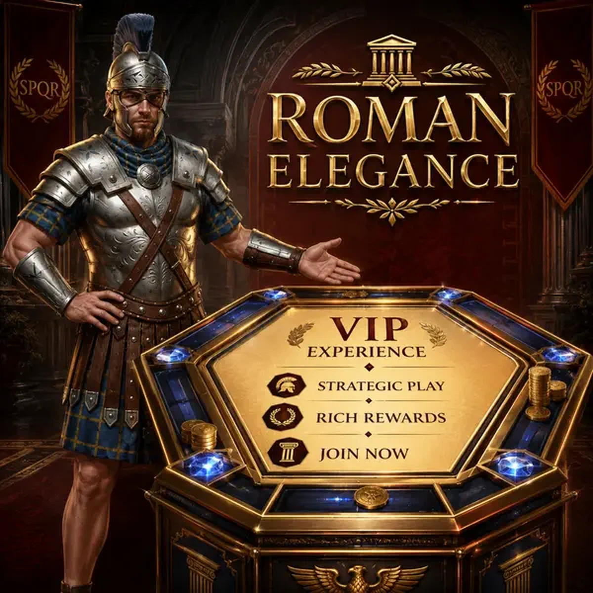 Disziplinierter Zenturio präsentiert VIP-Erlebnis am sechseckigen Spieltisch des Legiano Casino