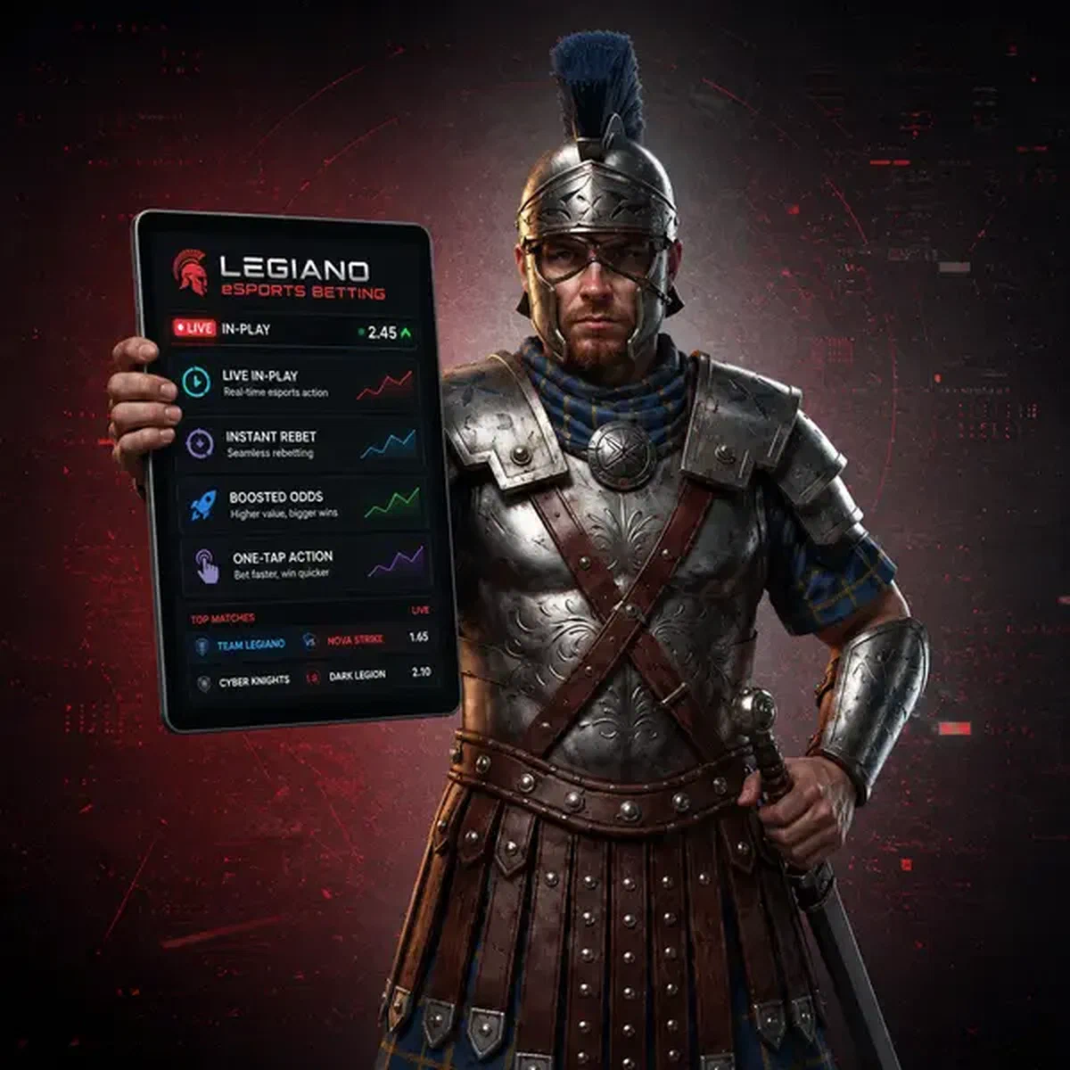 Legiano Centurion analysiert eSports-Wettdaten auf leuchtendem taktischem Tablet