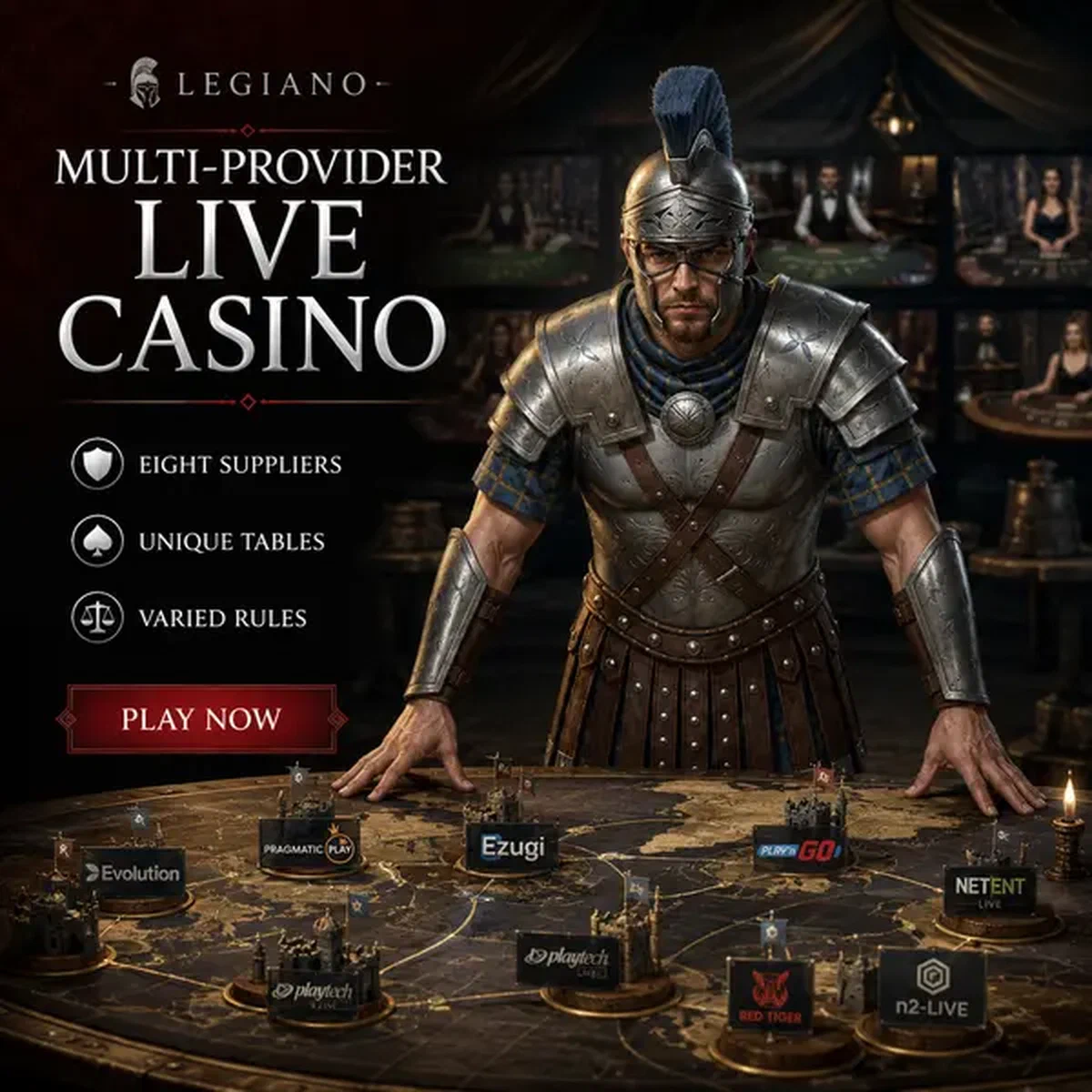 Legiano Zenturio strategisiert am Live Casino Kommando mit Multi-Provider-Tischen bereit