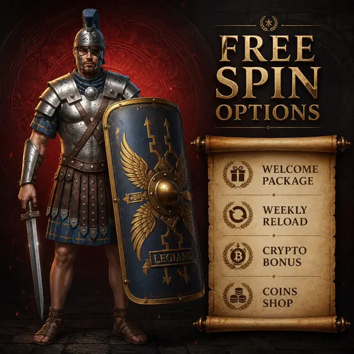 Legiano Centurion hält kunstvollen Schild mit Freispielen am Gaming-Portal