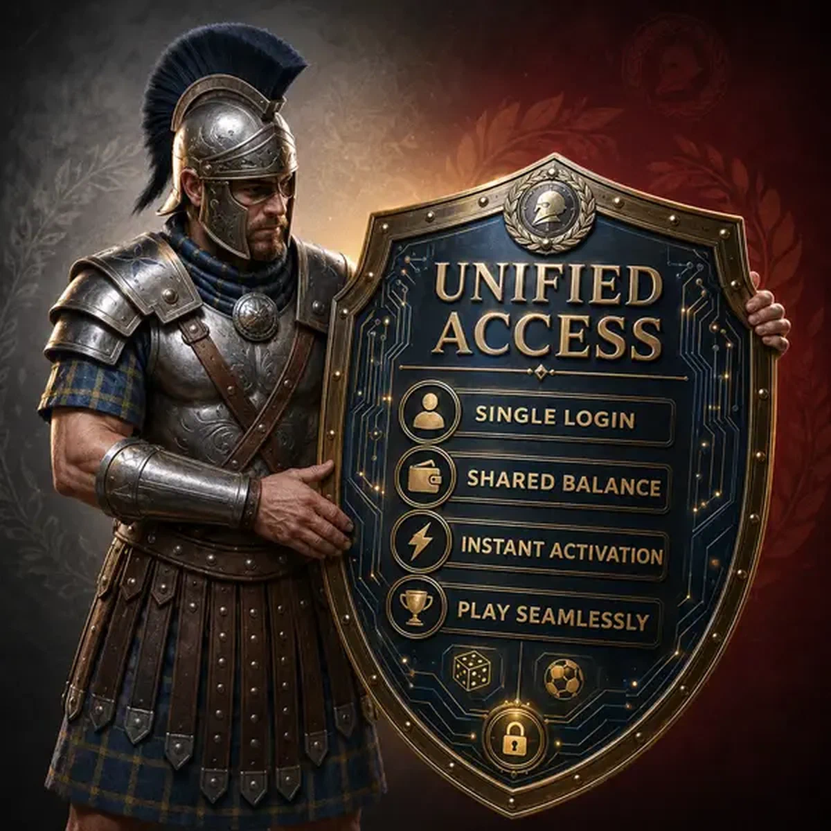 Legiano Zenturio hält digitalen Schild, während Spieler Login am Unified Account System abschließt