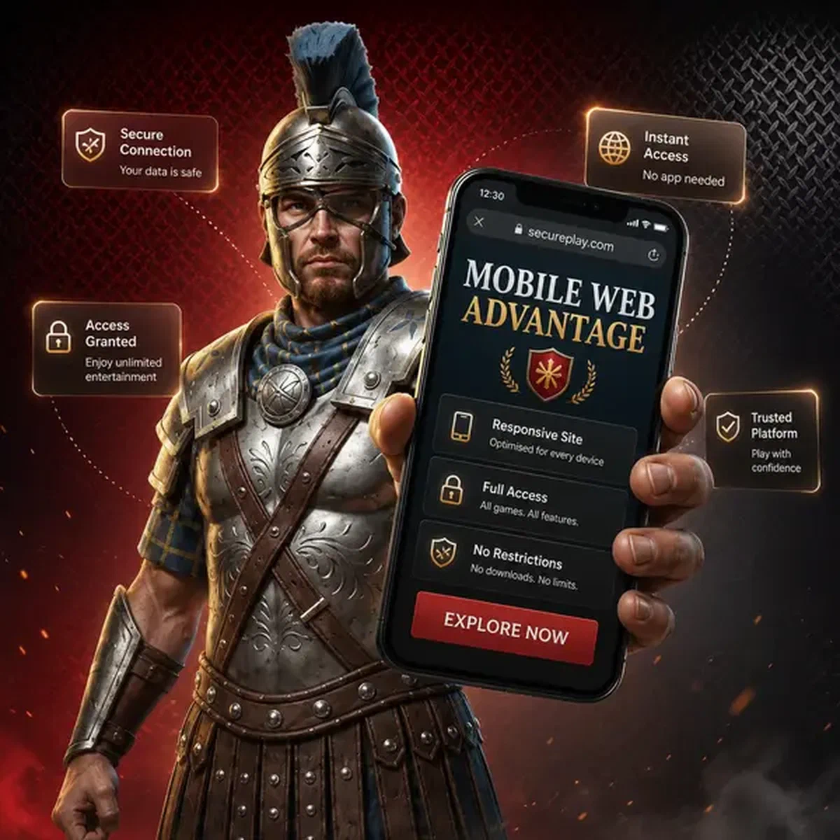 Legiano Zenturio hält selbstbewusst Smartphone mit mobiler App-Schnittstelle mit Benachrichtigungen