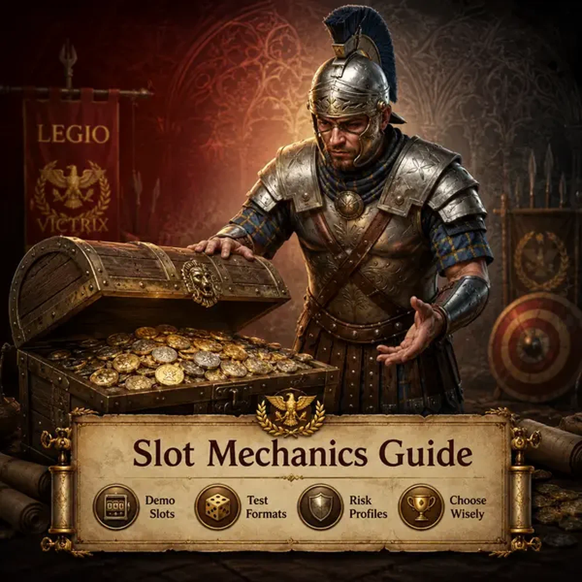 Zenturio erkundet Spielautomaten-Mechaniken bei Legiano Demo Slots Schatztruhe mit goldenen Münzen