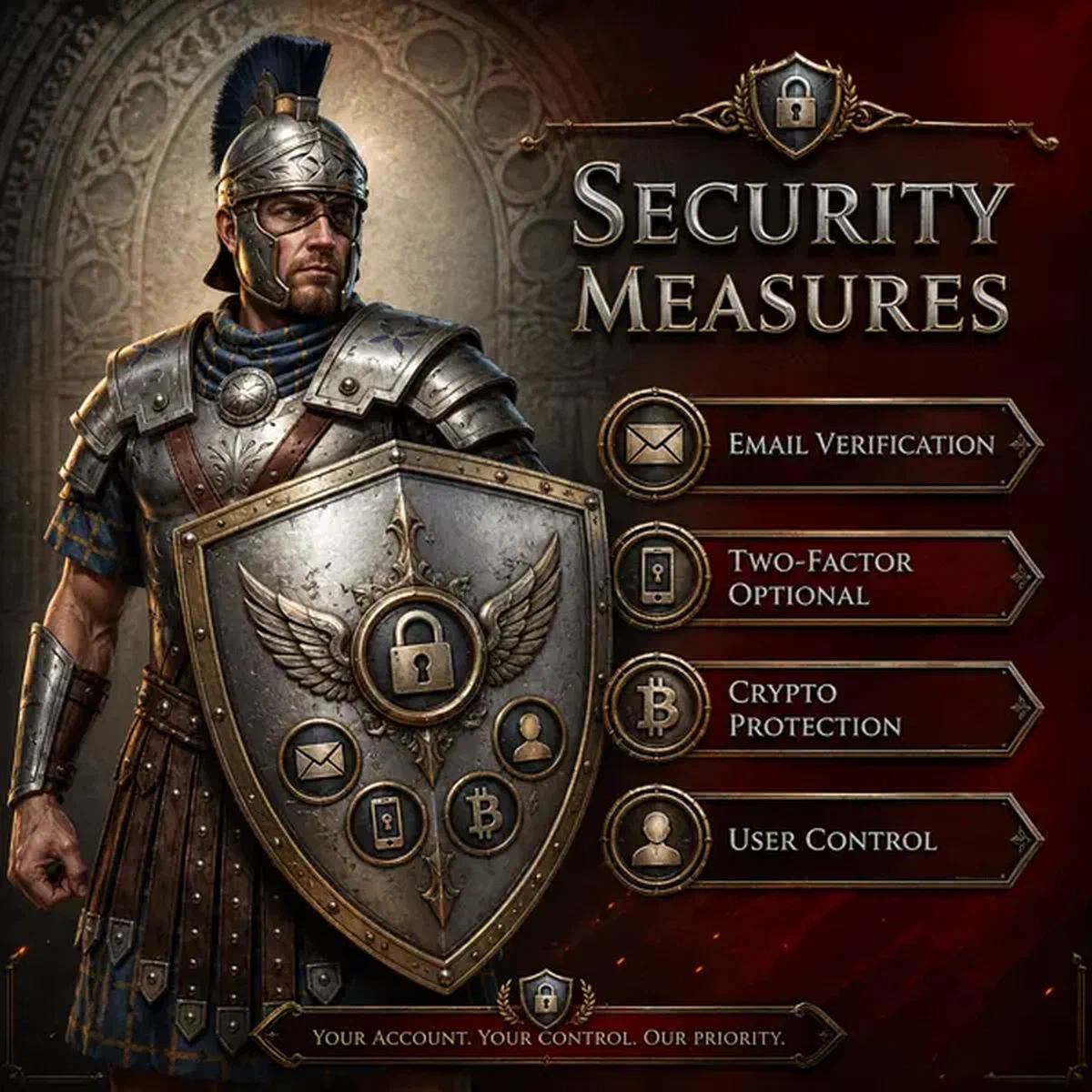 Disziplinierter Zenturio hält Schutzschild am Security Features and Account Protection Login-Portal