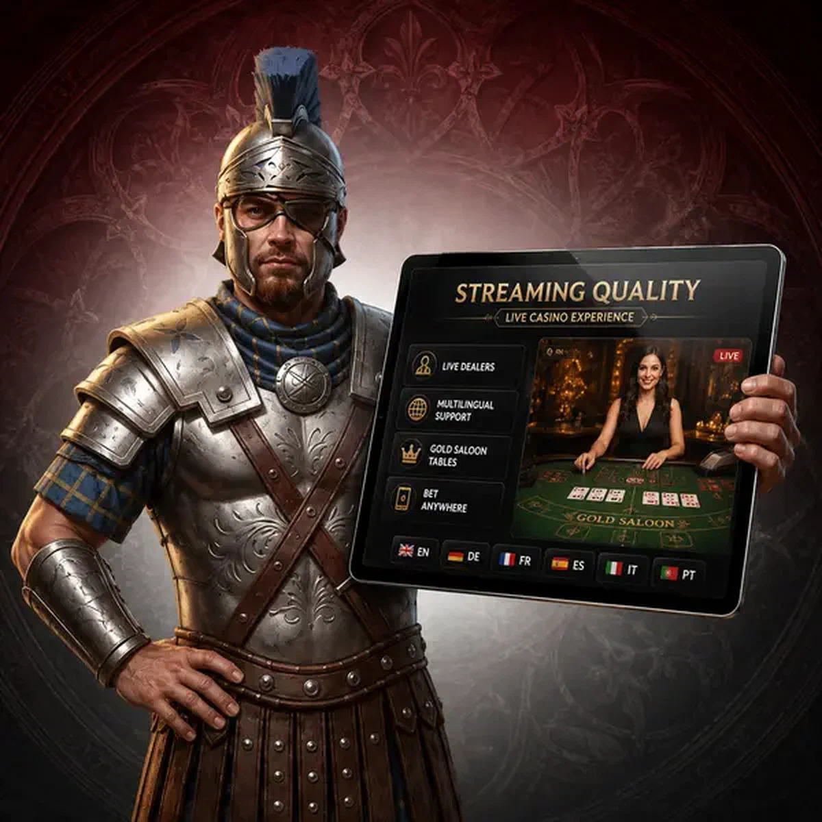 Legiano Zenturio präsentiert Live-Dealer-Aktion auf Tablet im professionellen Casino-Studio