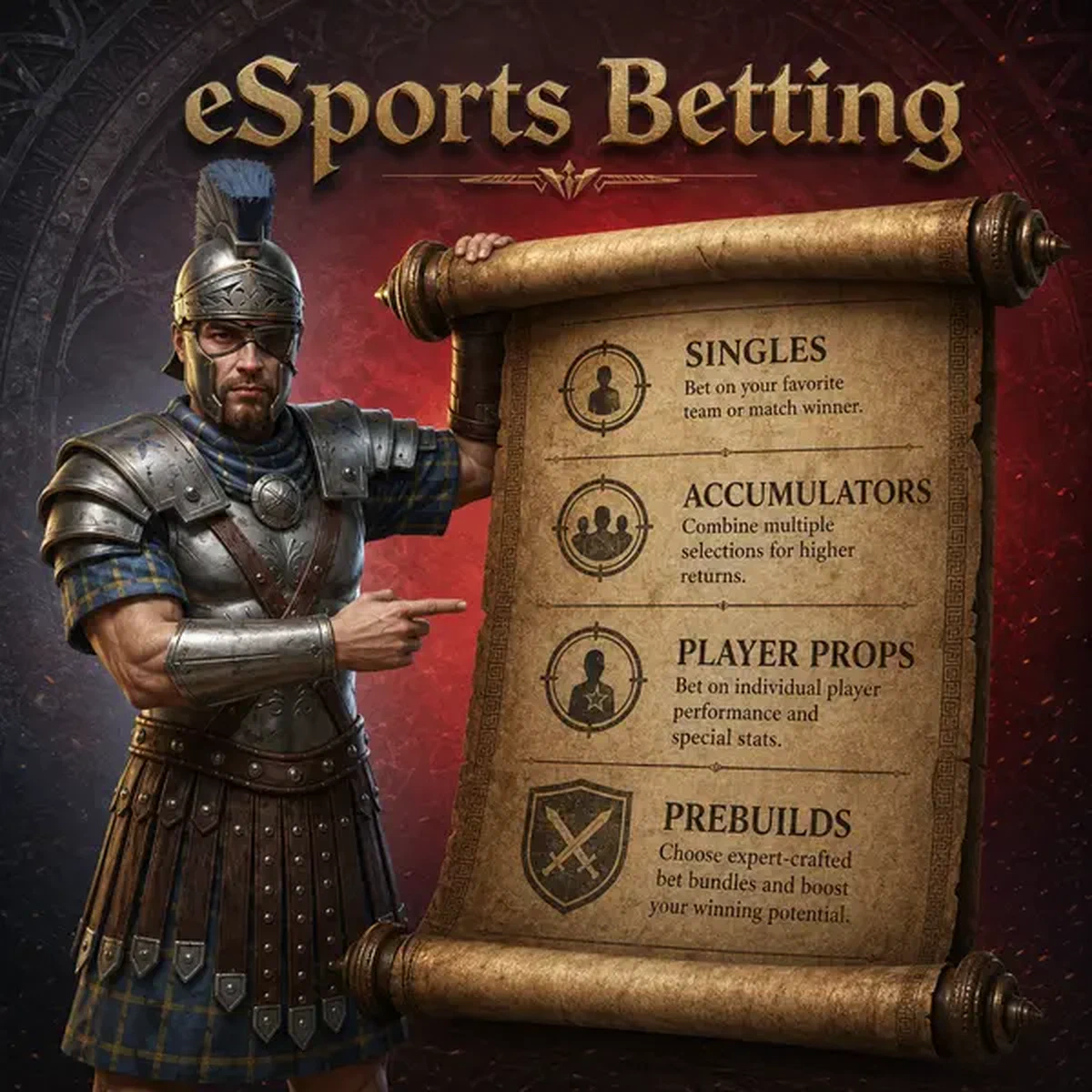 Legiano Centurion zeigt auf eSports-Wettoptionen auf einer antiken Schriftrolle in strategischer Spielhalle