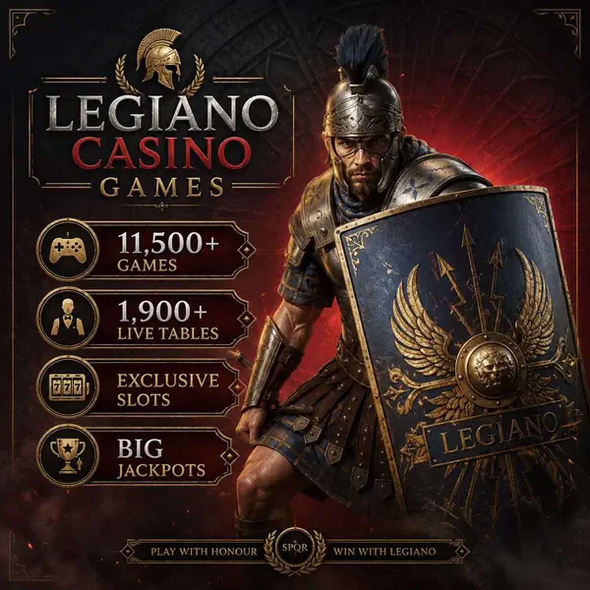Roman centurion Legiano holding protective shield at Legiano Casino Games main lobby