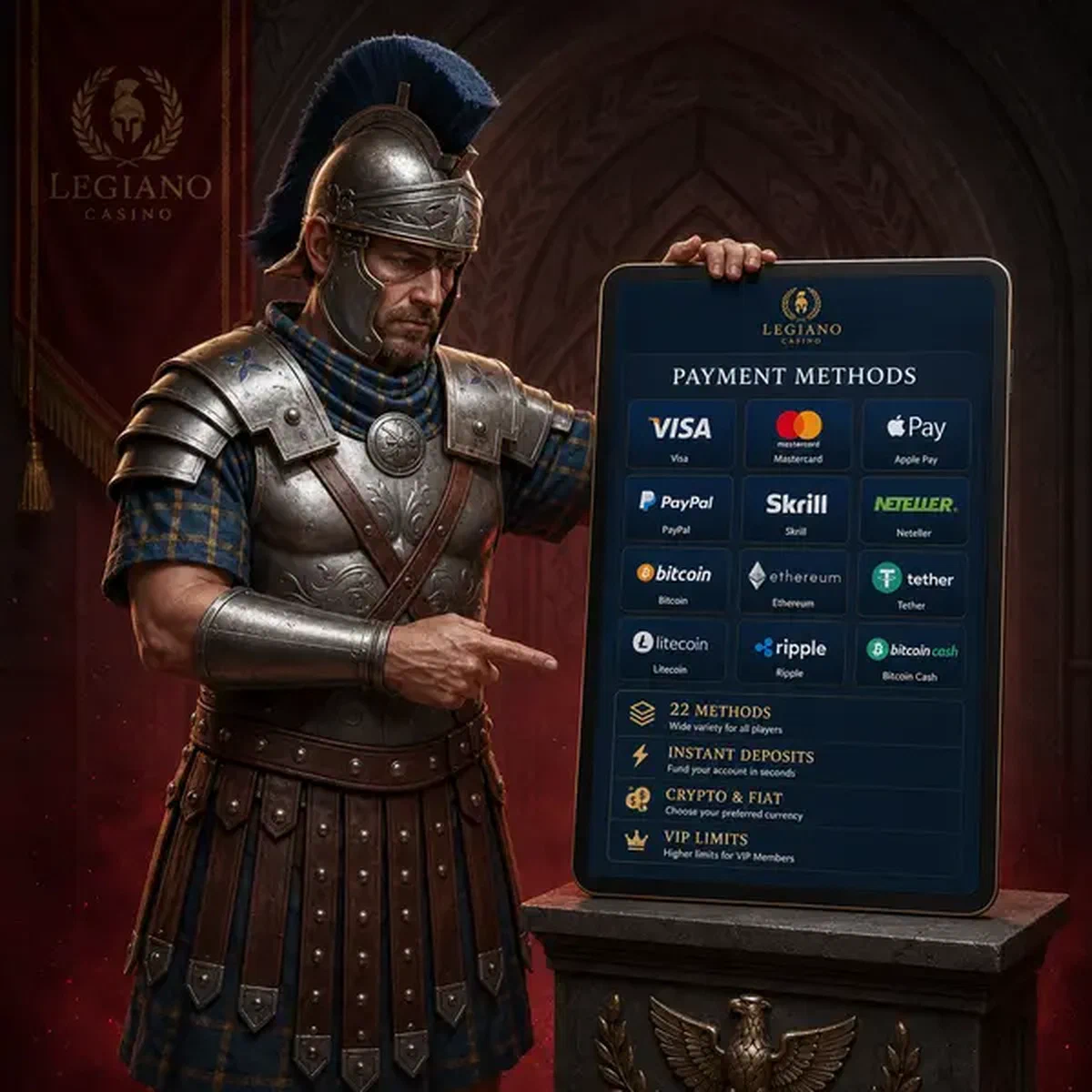 Legiano centurion presenting 22 payment methods on glowing digital tablet screen
